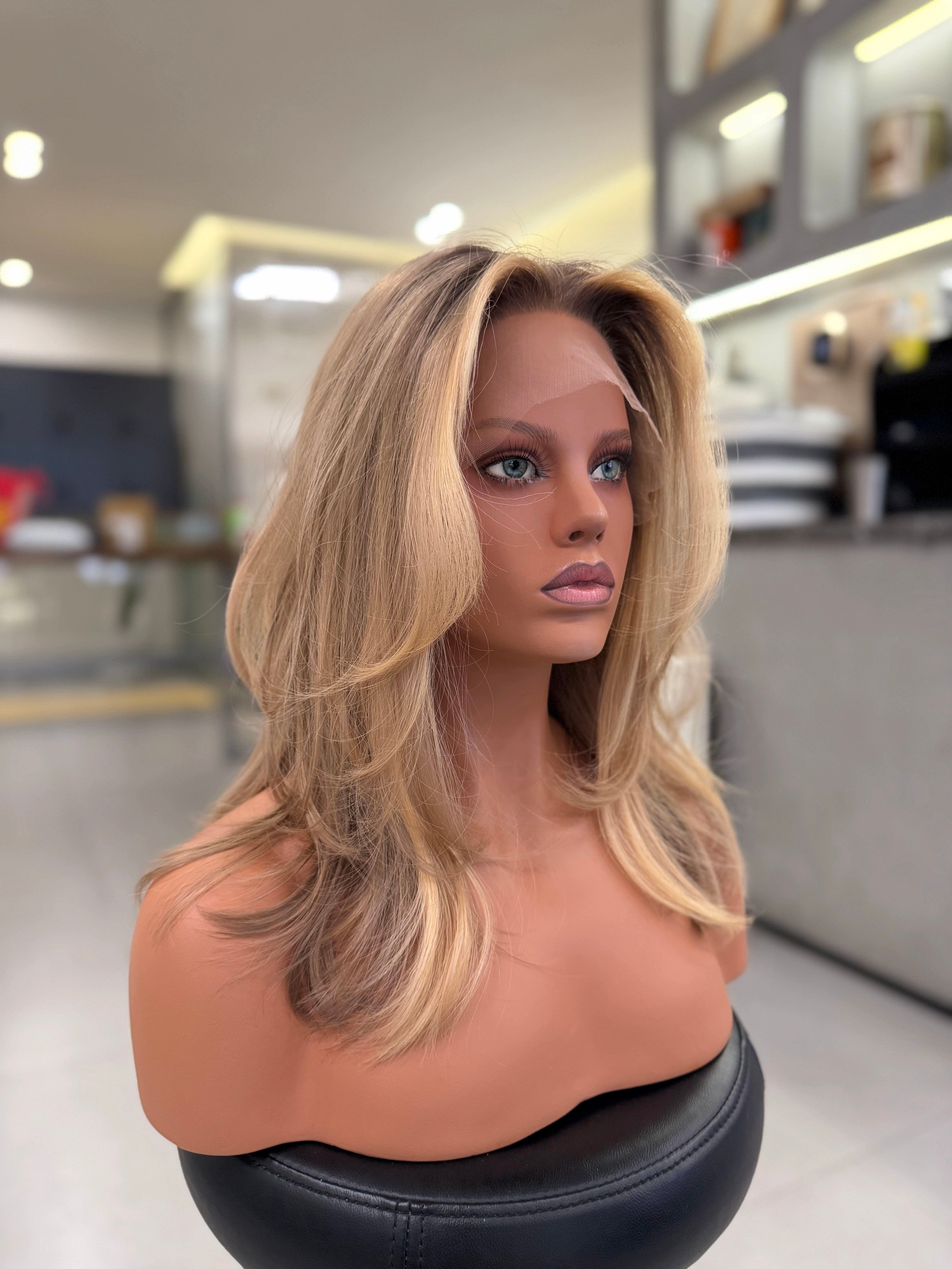 Silk Top Wig Warm Balayage - side view showing lace hairline