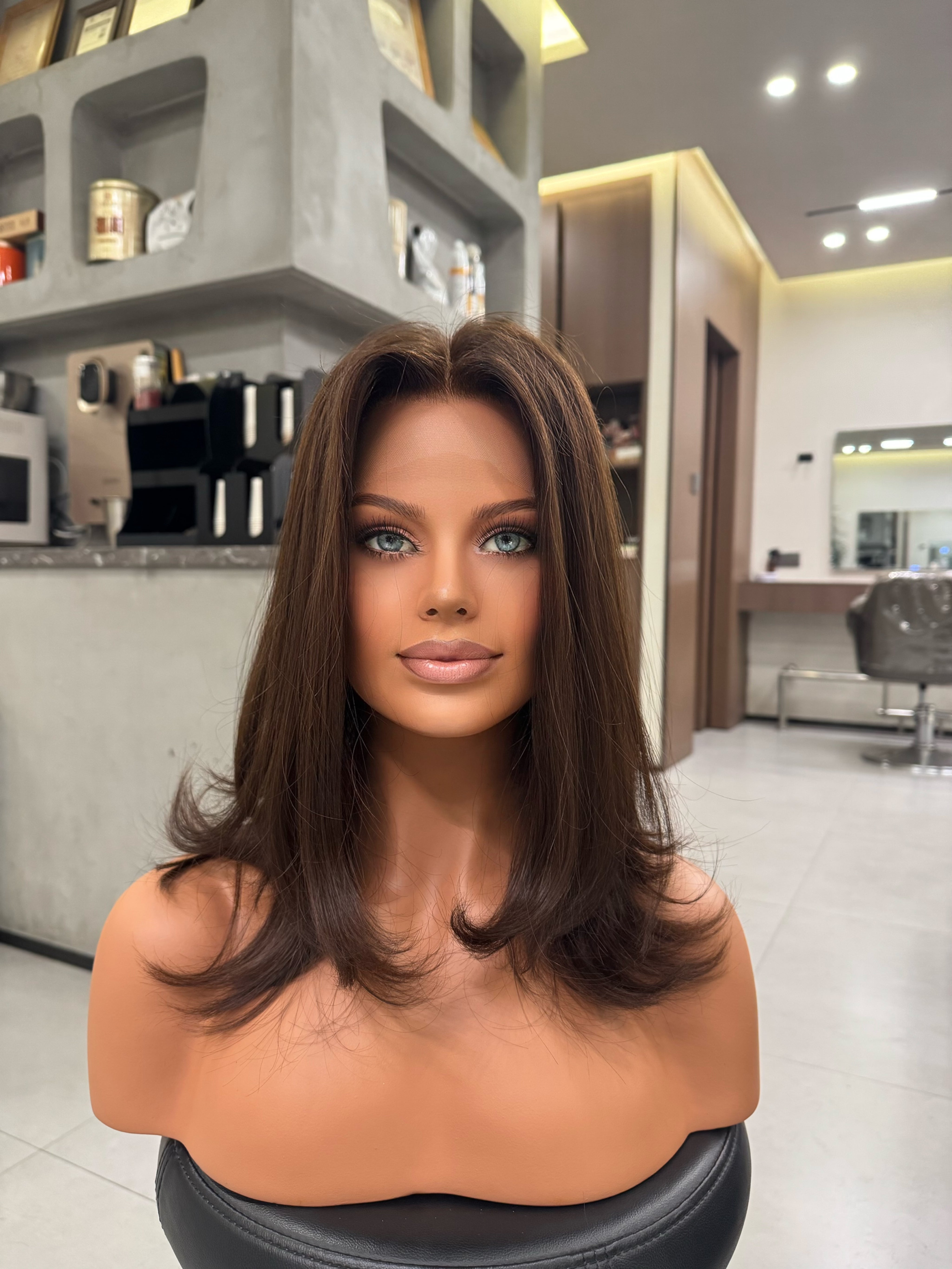 CELINE lace top wig — front view, European hair natural brown