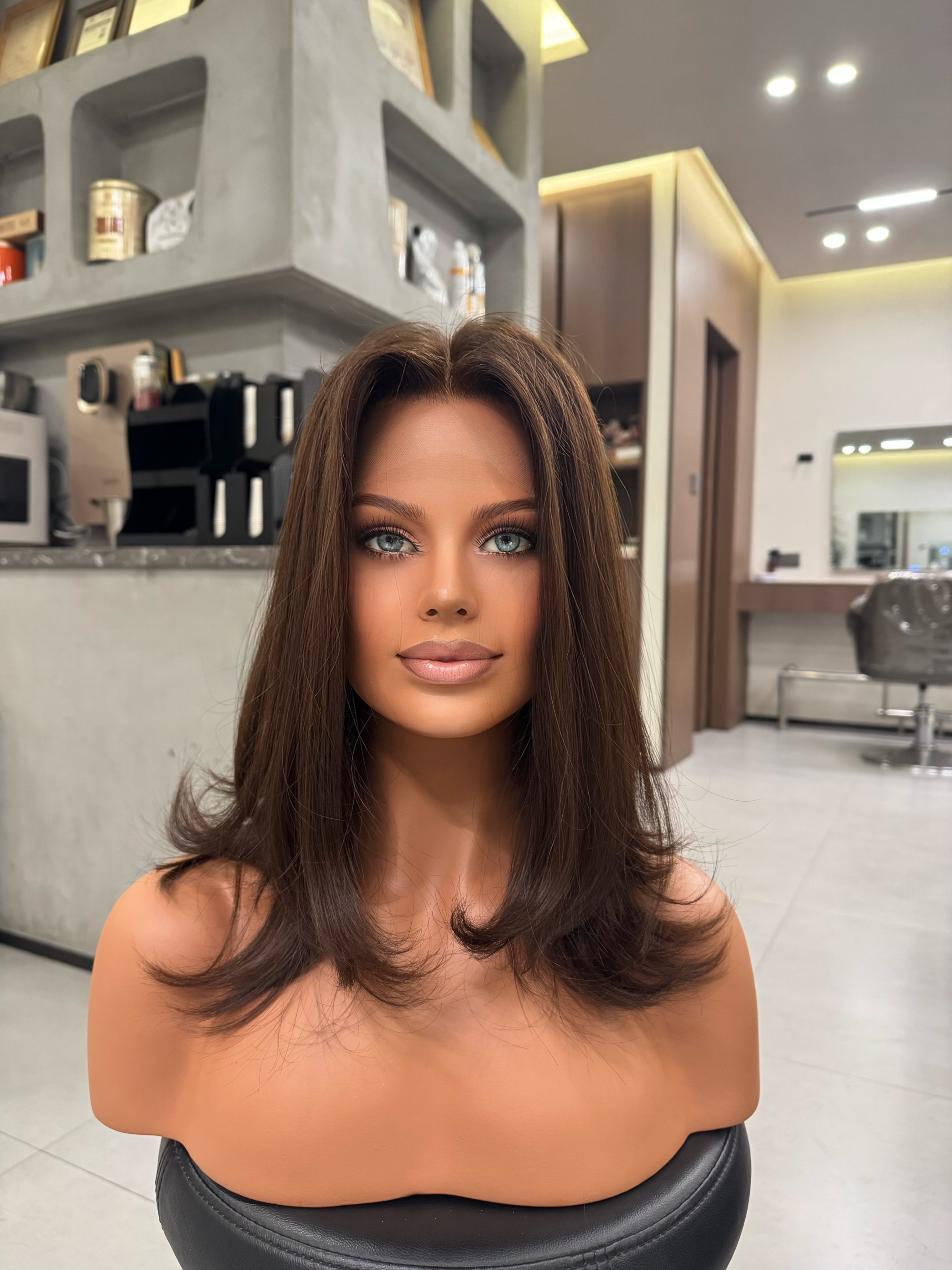 CELINE lace top wig — front view, European hair natural brown