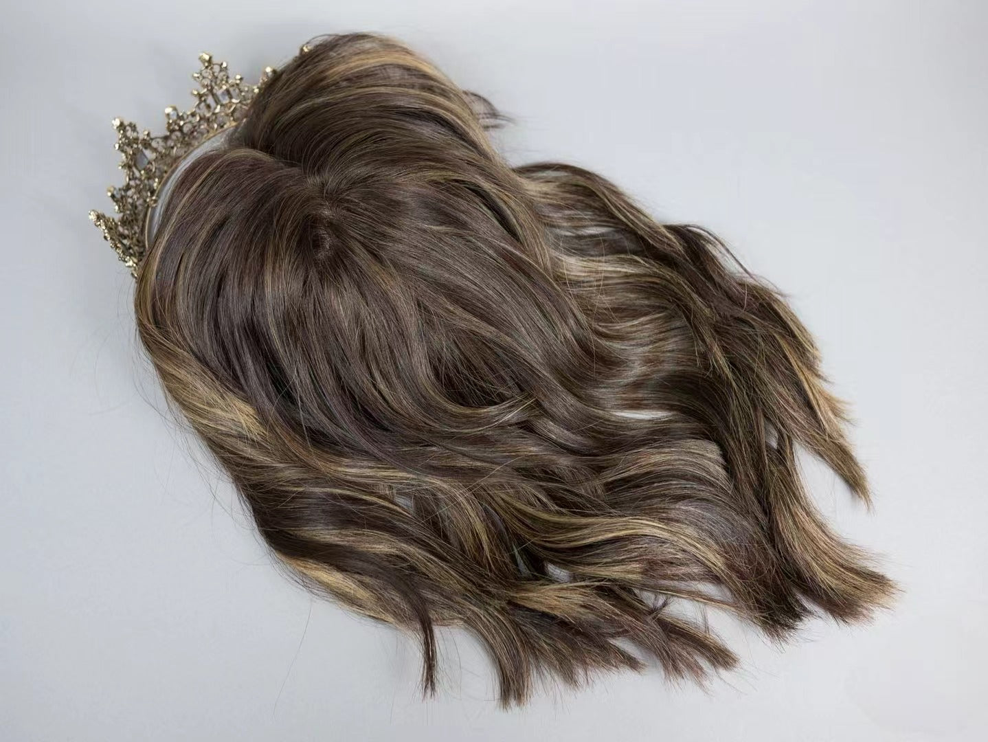 TESS brunette highlighted silk top topper styled with loose waves