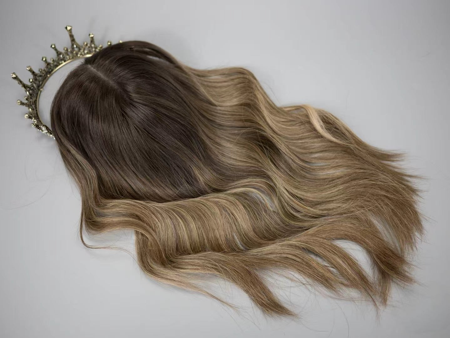 BROOKE brown to blonde balayage topper styled with waves