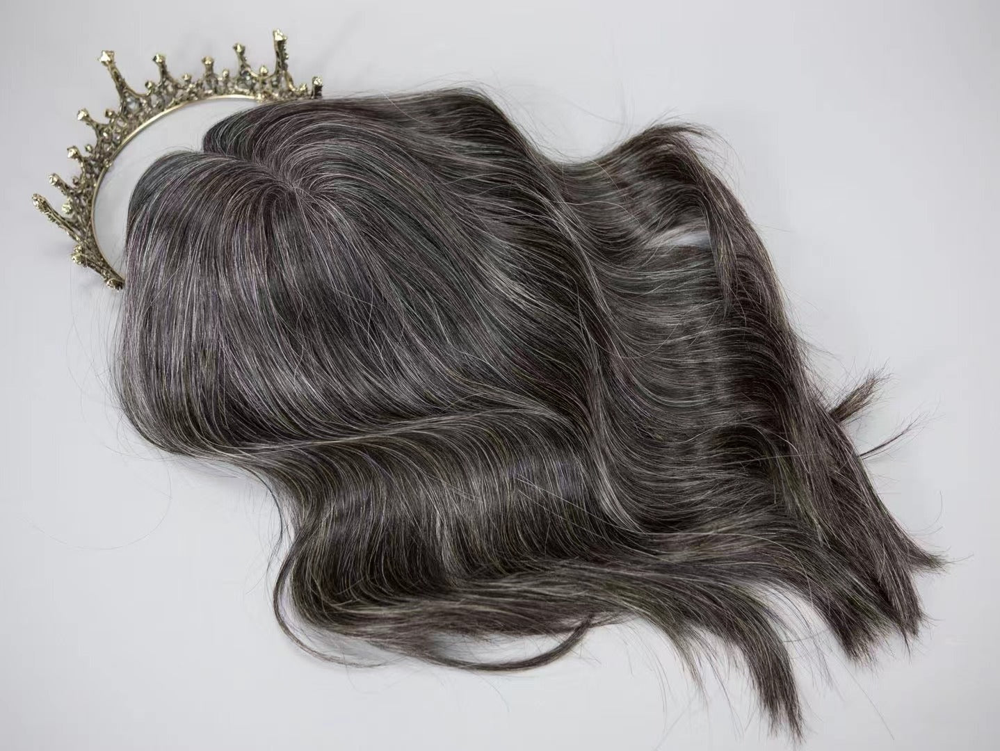 RUTH dark salt and pepper gray blend topper styled with waves