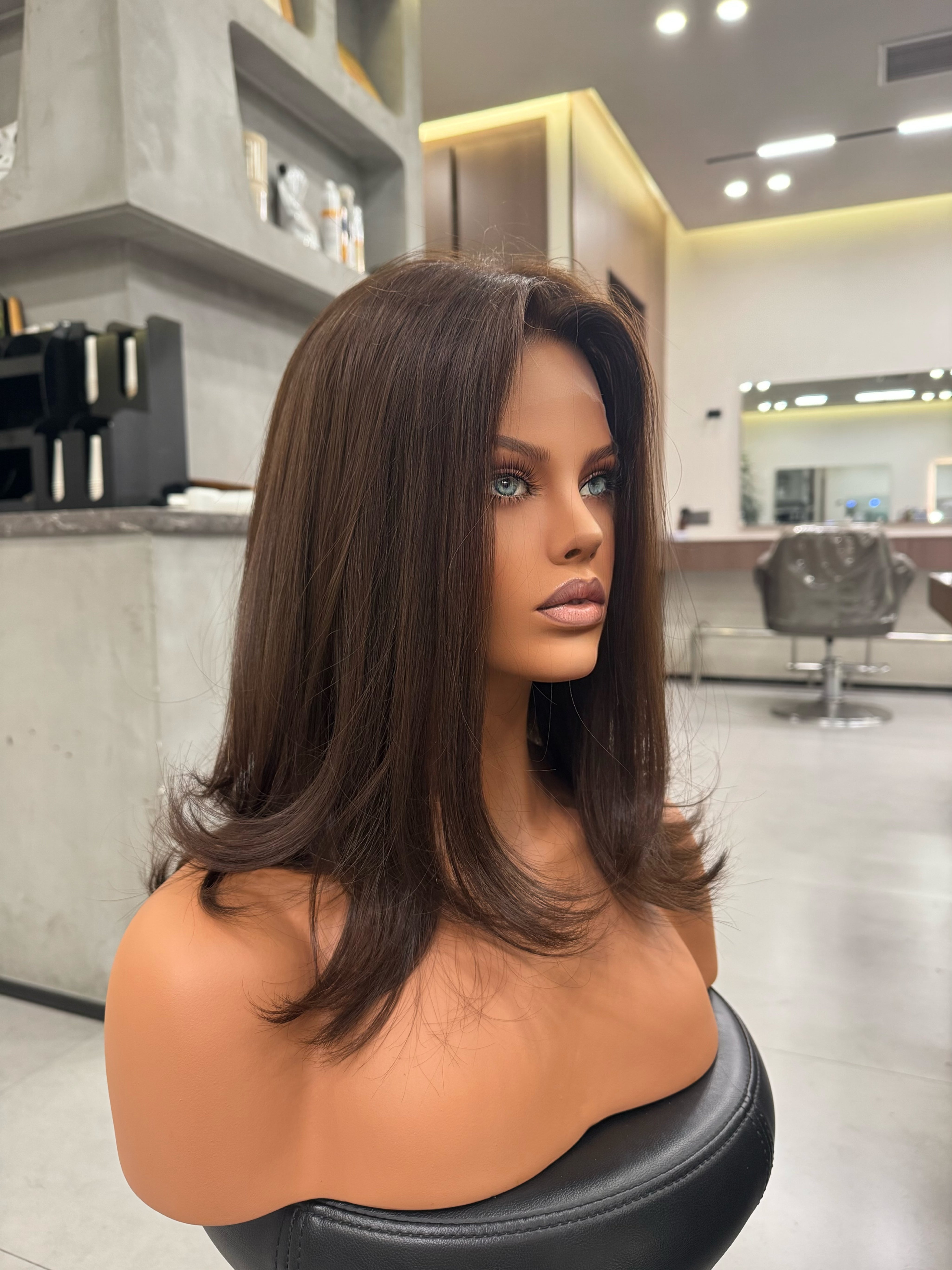 CELINE lace top wig — side view showing layers and lace hairline