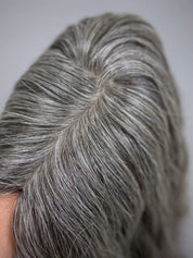 JOAN medium salt and pepper gray blend hair detail