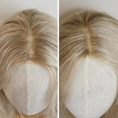 A side-by-side comparison of a blonde wig's crown and part line, showing the underside of the hair and the center part against a plain light background.